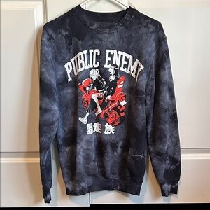 Animebae small blue tie dye public enemy fleece pullover crew neck sweatshirt